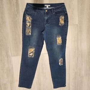 VIA RITINA Size 8 Patchwork Studded Jeans Bling Glam Boho Art-to-Wear Dark Wash